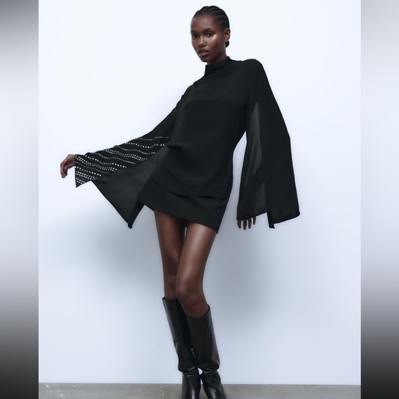 NWT Zara Rhinestone Cape Sleeved Blouse - Picture 4 of 11